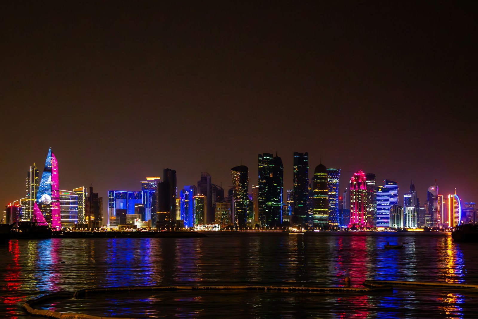 Doha skyline lit up at night